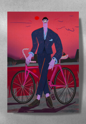 plakat ilustracja modowa, moda chłopak rower garnitur postać queer LGBTQ+ gej