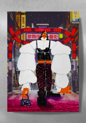 plakat ilustracja modowa, miasto moda czerwone różowe biała postać queer LGBTQ+