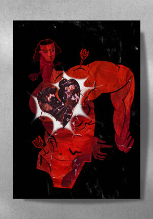 plakat ilustracja modowa, moda czarnobiałe czarne czerwone postać queer LGBTQ+ gej święty sebastian