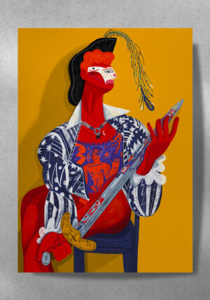 plakat ilustracja modowa, moda żółty czerwony niebieski granat postać queer LGBTQ+ gej