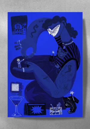 plakat ilustracja modowa, moda niebieski granat postać queer LGBTQ+ gej