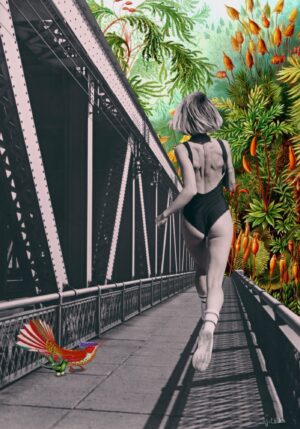 Kobieta w kostiumie kąpielowym ucieka od szarej rzeczywistości i biegnie w stronę kolorowej natury. Plakat dekoracyjny, kolaż.